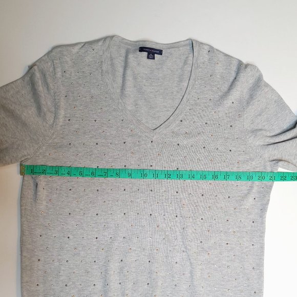 TOMMY HILFIGER Grey Cotton V-neck Sweater w Rose Gold Studs size XL - Picture 11 of 12